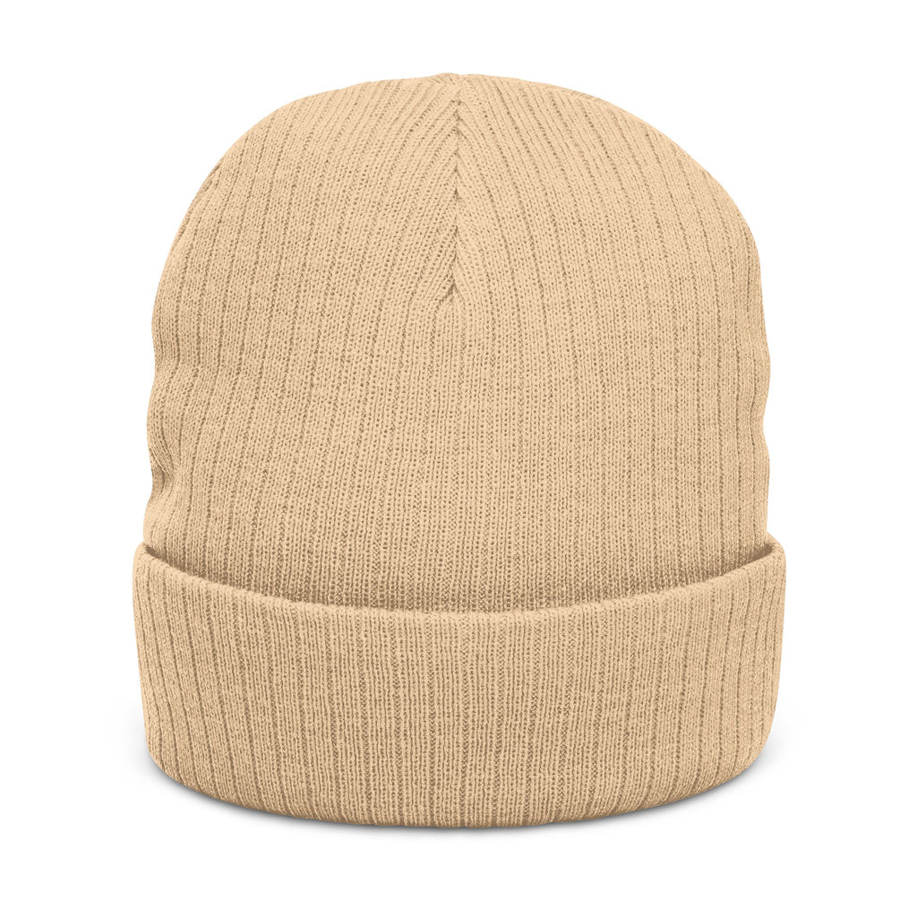 Embroidered Ribbed Knit Beanie – Neutral Tan Cuffed Winter Hat