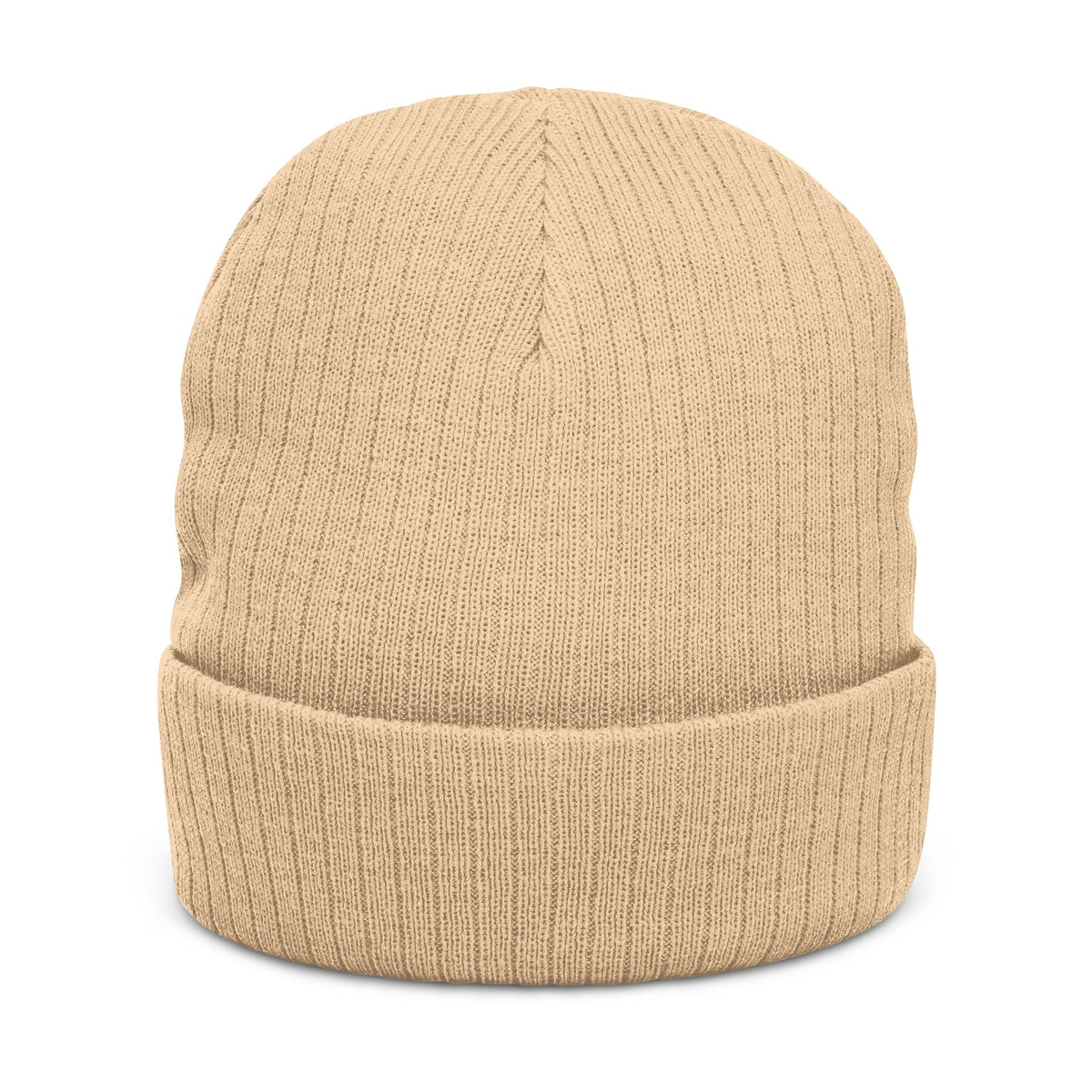 Embroidered Ribbed Knit Beanie – Neutral Tan Cuffed Winter Hat