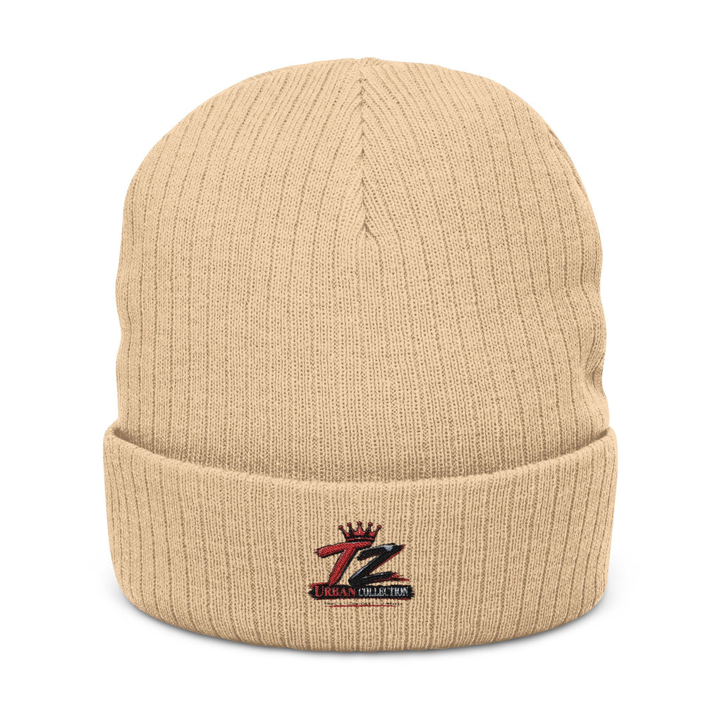 Embroidered Ribbed Knit Beanie – Neutral Tan Cuffed Winter Hat