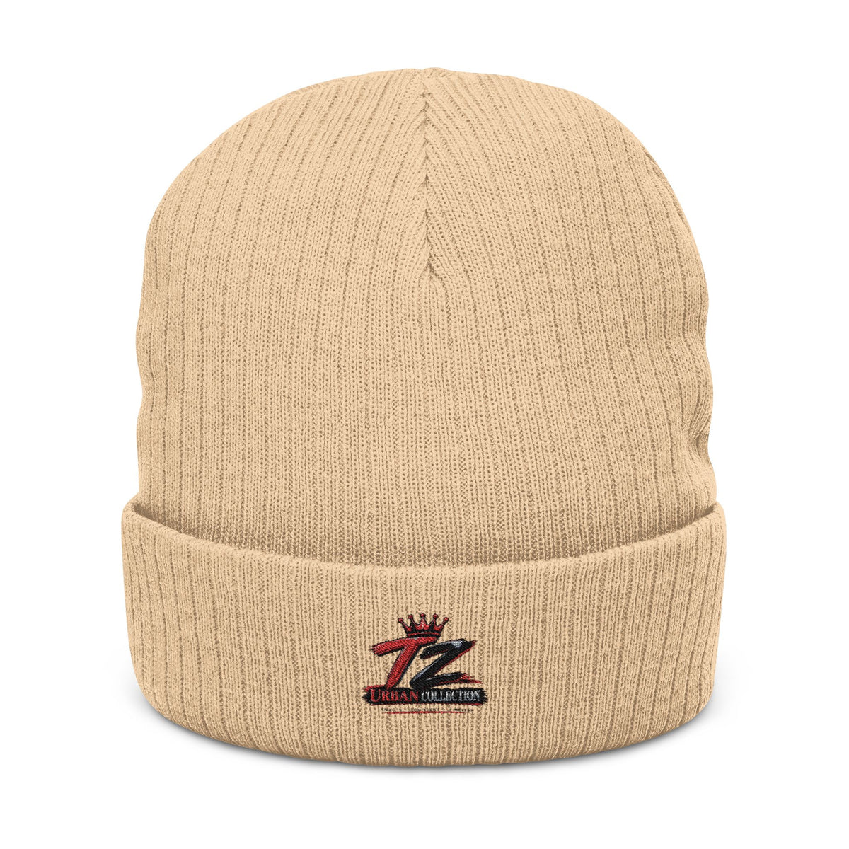 Embroidered Ribbed Knit Beanie – Neutral Tan Cuffed Winter Hat