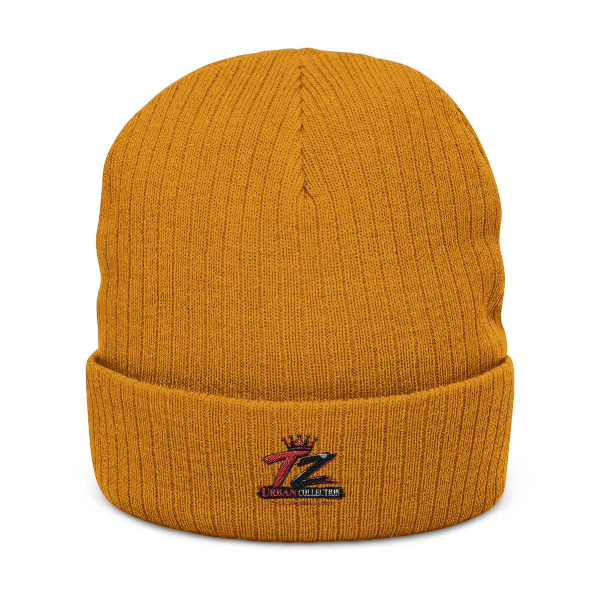Embroidered Ribbed Knit Beanie – Neutral Tan Cuffed Winter Hat